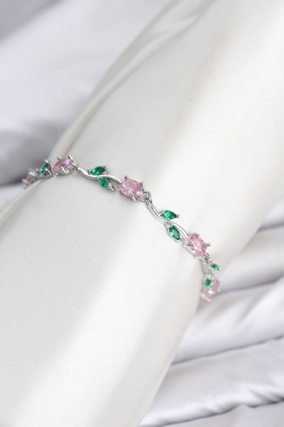 Pirinç Gümüş Renk Pembe Zirkon Taşlı çiçek Model Kadın Bileklik Pirinç Gümüş Renk Pembe Zirkon Taşlı çiçek Model Kadın Bileklik