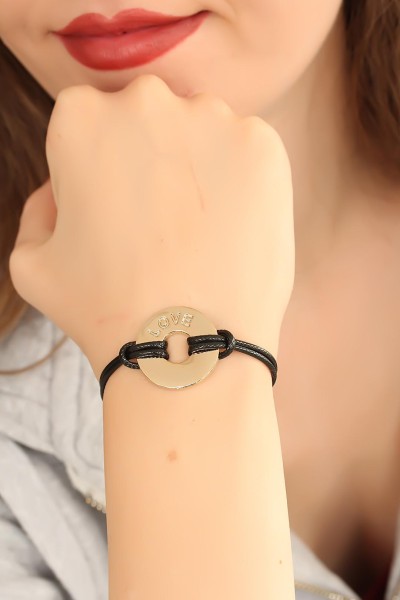 Love (aşık) Siyah Deri İpli Unisex Mood Bileklik
