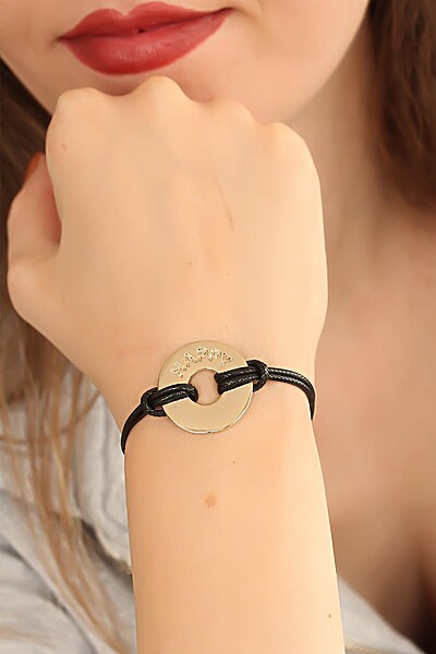Happy (mutlu) Siyah Deri İpli Unisex Mood Bileklik