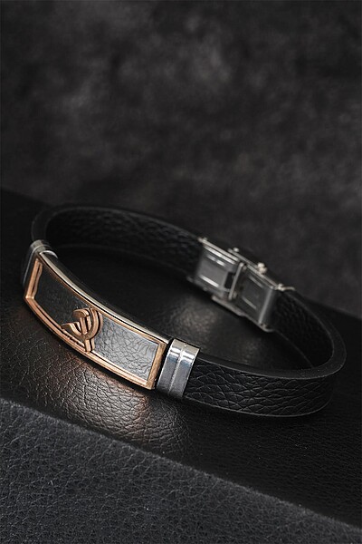 Rose Renk Orak Figürlü Metal Aksesuarlı Siyah Renk Deri Erkek Bileklik Rose Renk Orak Figürlü Metal Aksesuarlı Siyah Renk Deri Erkek Bileklik